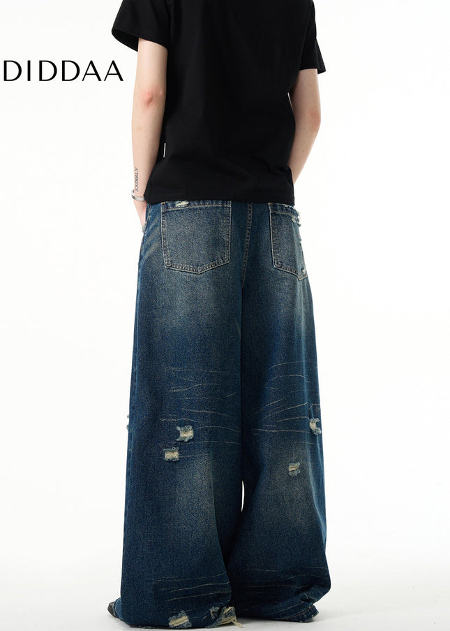 Washed Blue Baggy Ripped Wide Leg Jeans for All - Men’s Jeans