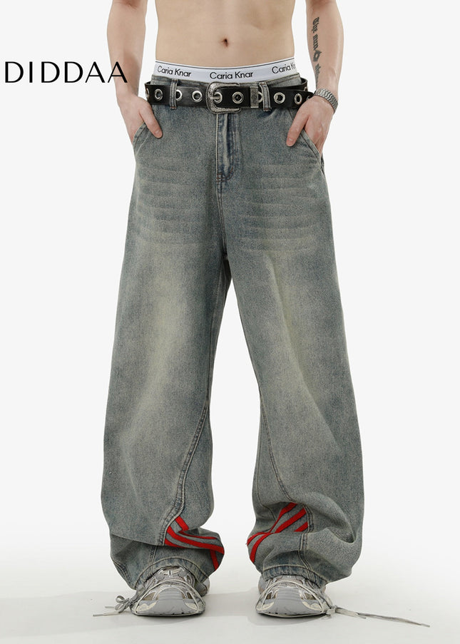 Washed Blue Baggy Striped Wide Leg Jeans for Men and Women - Men’s Jeans