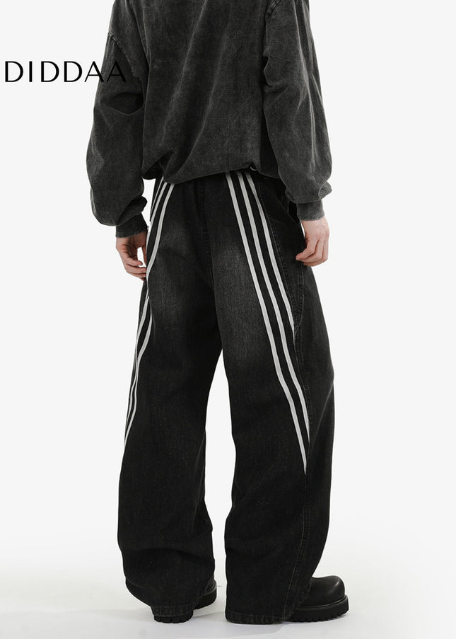 Washed Blue Baggy Striped Wide Leg Jeans for Men and Women - Men’s Jeans