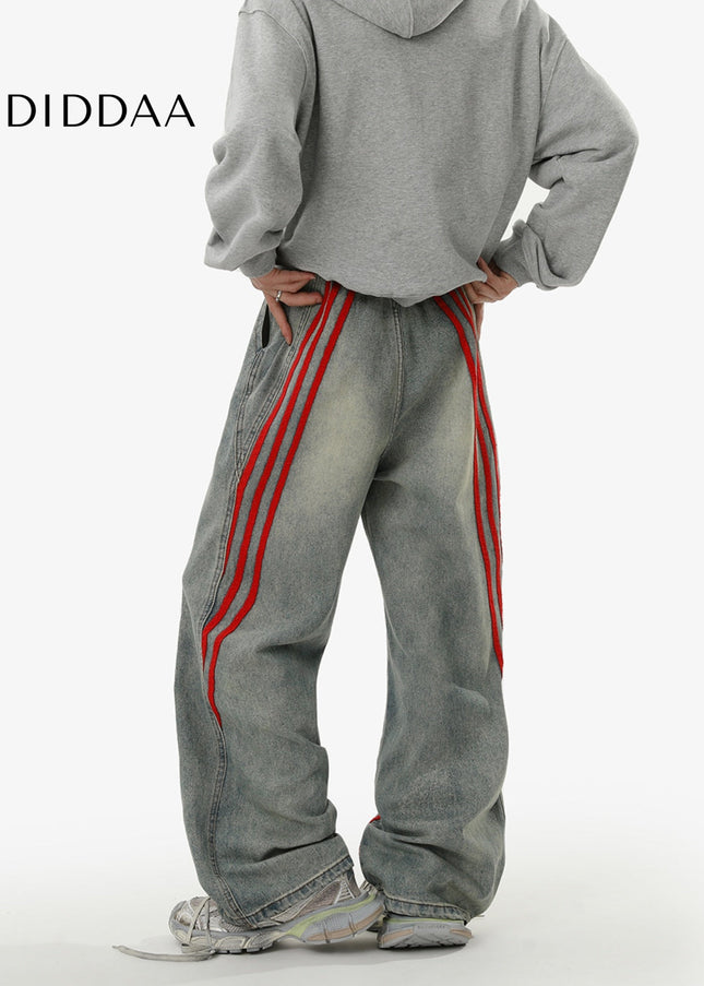 Washed Blue Baggy Striped Wide Leg Jeans for Men and Women - Men’s Jeans