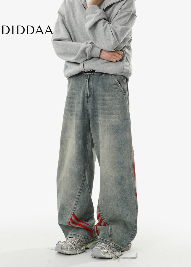 Washed Blue Baggy Striped Wide Leg Jeans for Men and Women - Men’s Jeans