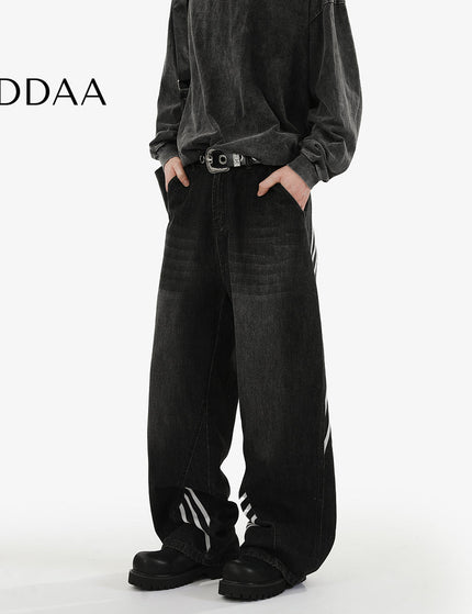 Washed Blue Baggy Striped Wide Leg Jeans for Men and Women - S / Black - Men’s Jeans