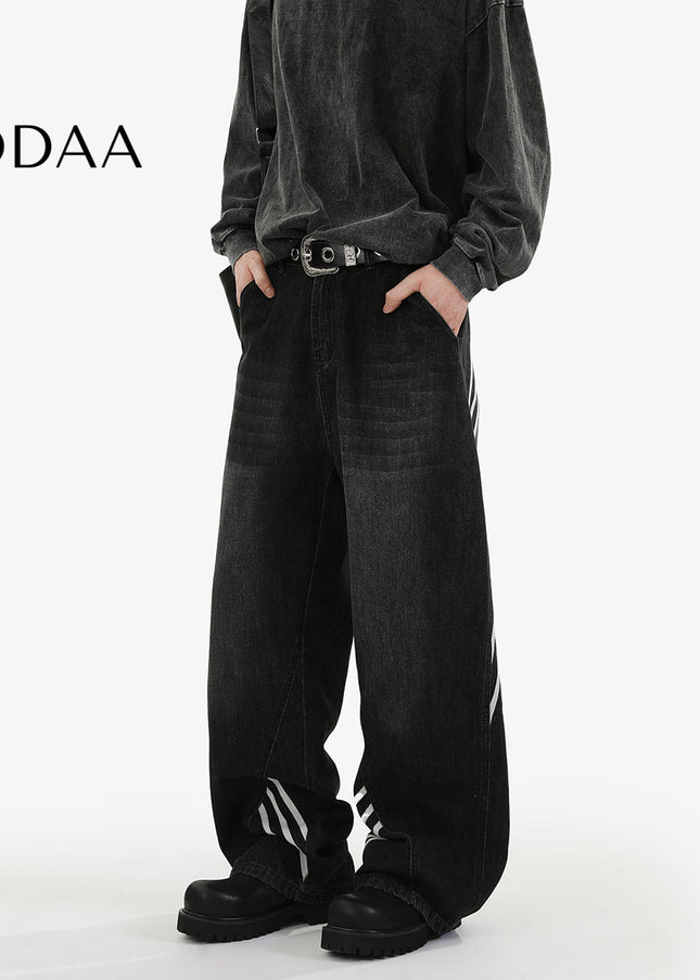 Washed Blue Baggy Striped Wide Leg Jeans for Men and Women - S / Black - Men’s Jeans