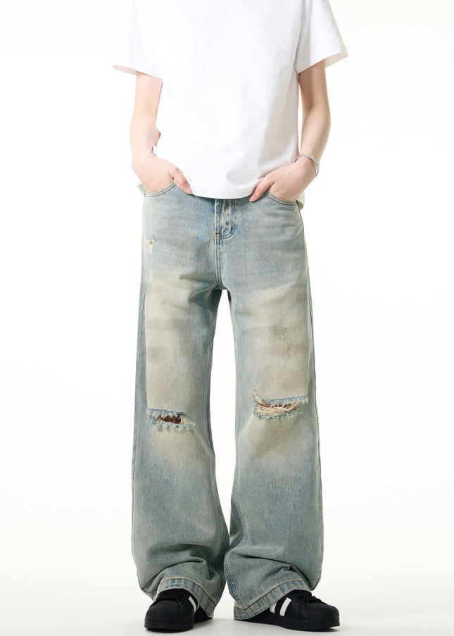 Washed Blue Distressed Bootcut Straight-Leg Jeans - Men’s Jeans