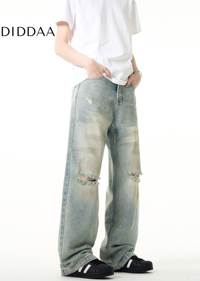 Washed Blue Distressed Bootcut Straight-Leg Jeans - Men’s Jeans