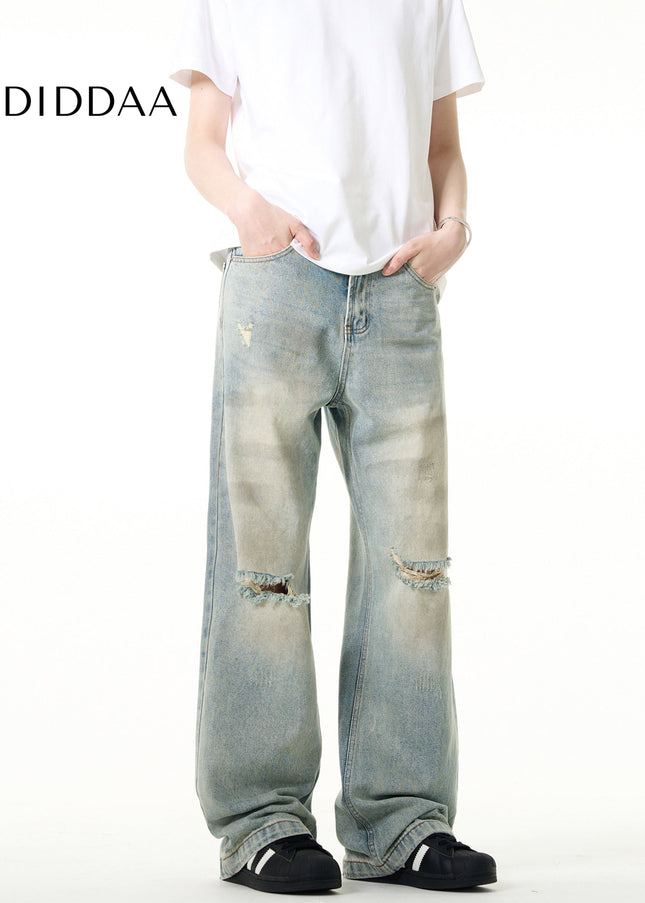 Washed Blue Distressed Bootcut Straight-Leg Jeans - Men’s Jeans