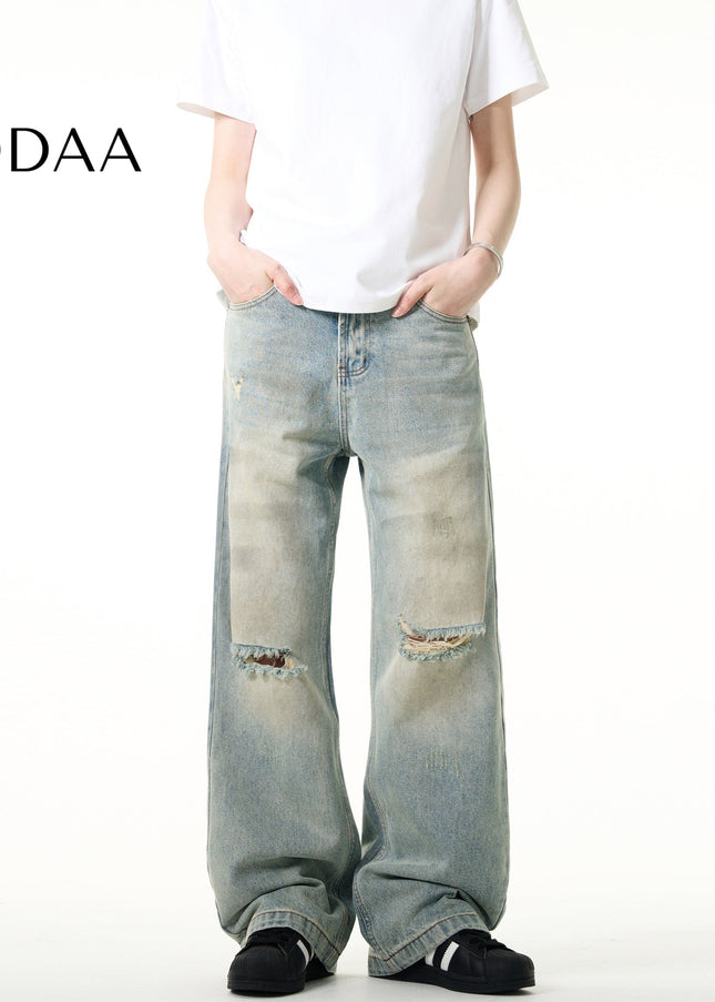 Washed Blue Distressed Bootcut Straight-Leg Jeans - S / Light Blue - Men’s Jeans