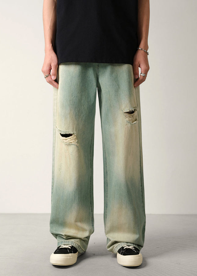 Washed Blue Distressed Loose Fit Wide-Leg Jeans - 28 / Vintage Blue - Men’s Jeans