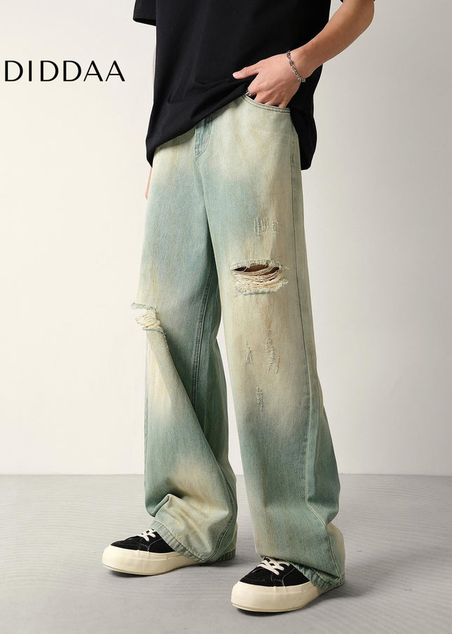 Washed Blue Distressed Loose Fit Wide-Leg Jeans - Men’s Jeans