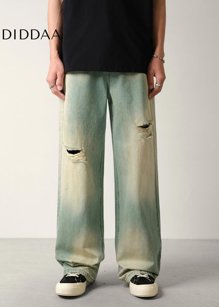 Washed Blue Distressed Loose Fit Wide-Leg Jeans - Men’s Jeans