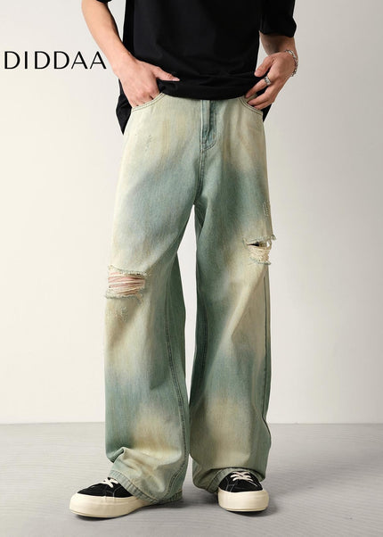 Washed Blue Distressed Loose Fit Wide-Leg Jeans - Men’s Jeans