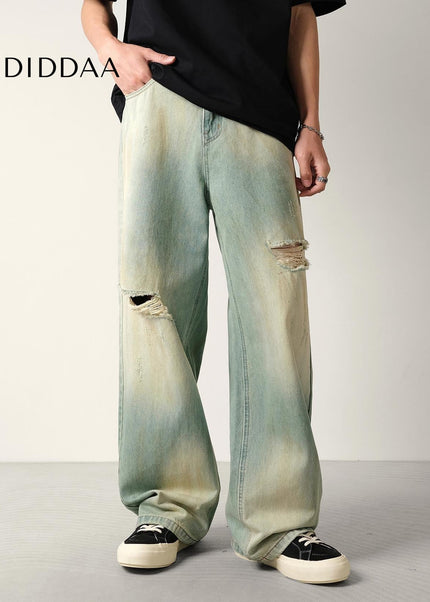 Washed Blue Distressed Loose Fit Wide-Leg Jeans - Men’s Jeans
