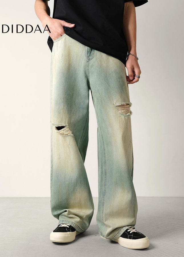 Washed Blue Distressed Loose Fit Wide-Leg Jeans - Men’s Jeans