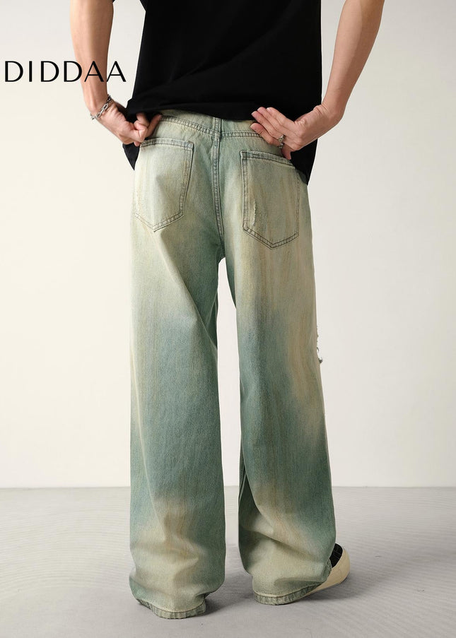 Washed Blue Distressed Loose Fit Wide-Leg Jeans - Men’s Jeans