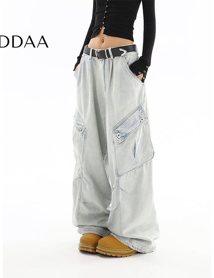 Washed Blue Distressed Multi-Pocket Cargo Jeans - S / Light Blue - Women’s Jeans