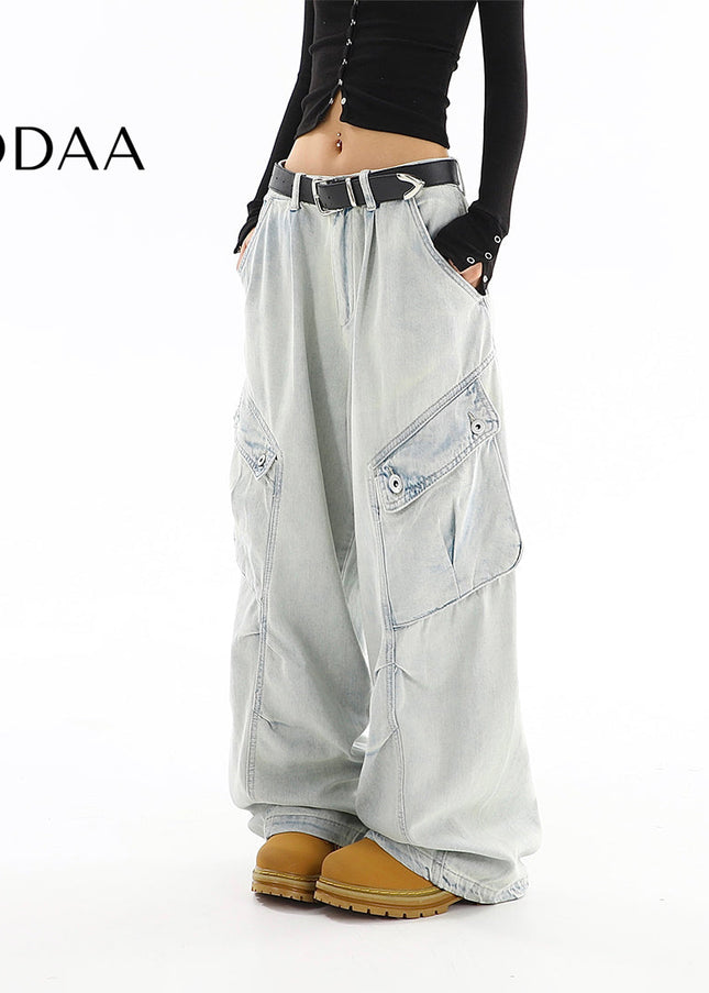 Washed Blue Distressed Multi-Pocket Cargo Jeans - S / Light Blue - Women’s Jeans