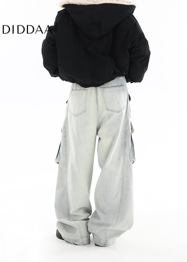 Washed Blue Distressed Multi-Pocket Cargo Jeans - Women’s Jeans