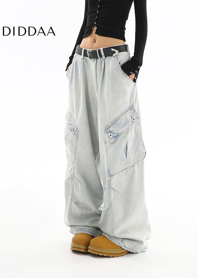 Washed Blue Distressed Multi-Pocket Cargo Jeans - Women’s Jeans