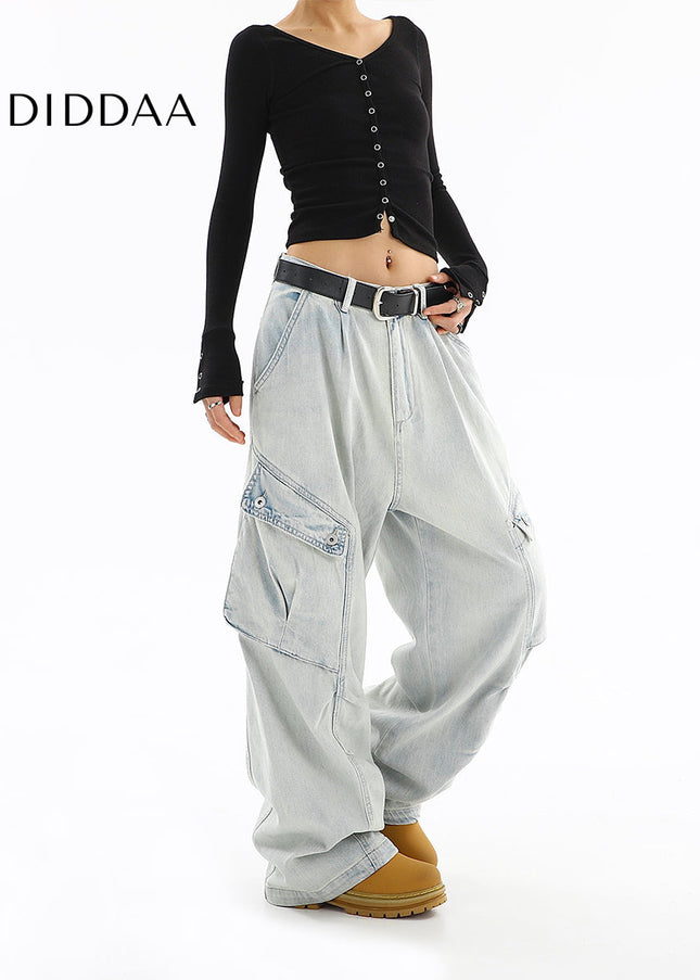 Washed Blue Distressed Multi-Pocket Cargo Jeans - Women’s Jeans