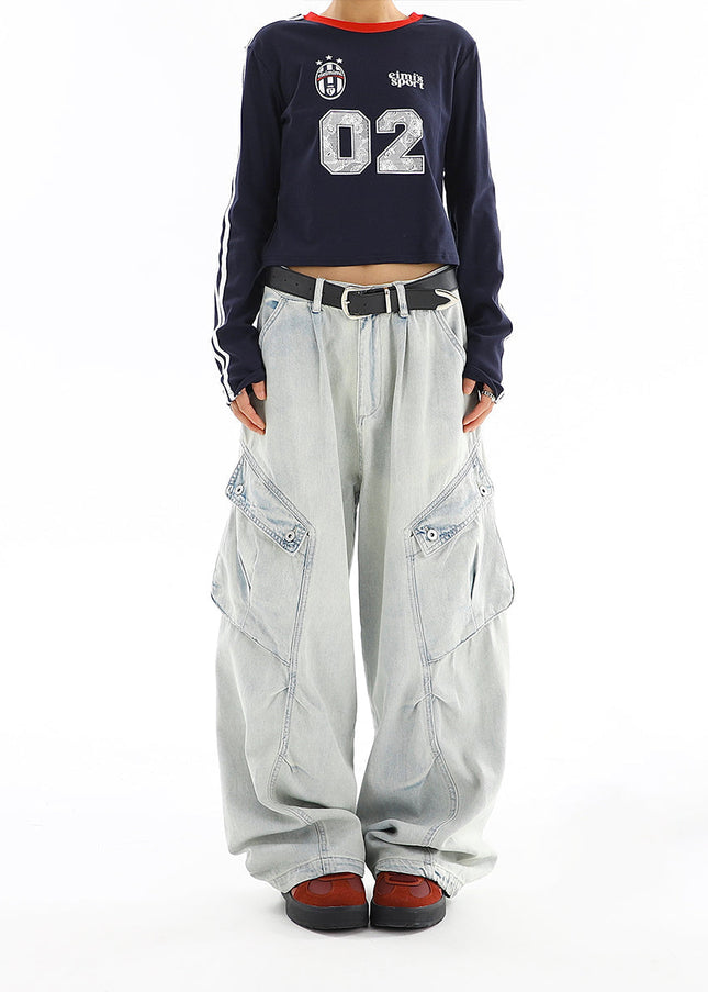 Washed Blue Distressed Multi-Pocket Cargo Jeans - Women’s Jeans