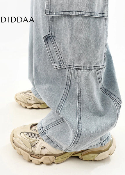 Washed Blue Distressed Wide-Leg Cargo Pants - Men’s Jeans