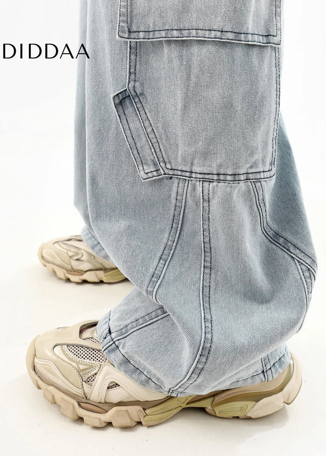 Washed Blue Distressed Wide-Leg Cargo Pants - Men’s Jeans