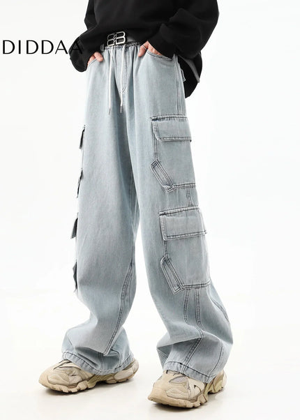 Washed Blue Distressed Wide-Leg Cargo Pants - Men’s Jeans