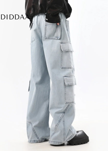 Washed Blue Distressed Wide-Leg Cargo Pants - Men’s Jeans