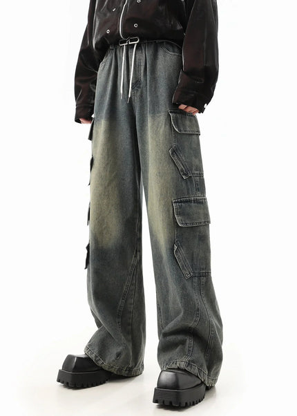 Washed Blue Distressed Wide-Leg Cargo Pants - Men’s Jeans