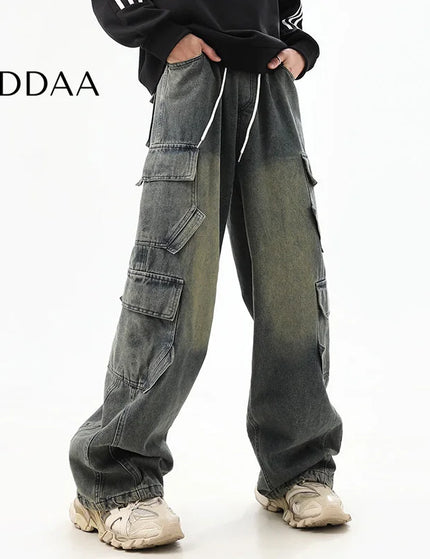 Washed Blue Distressed Wide-Leg Cargo Pants - S / Dark Blue - Men’s Jeans