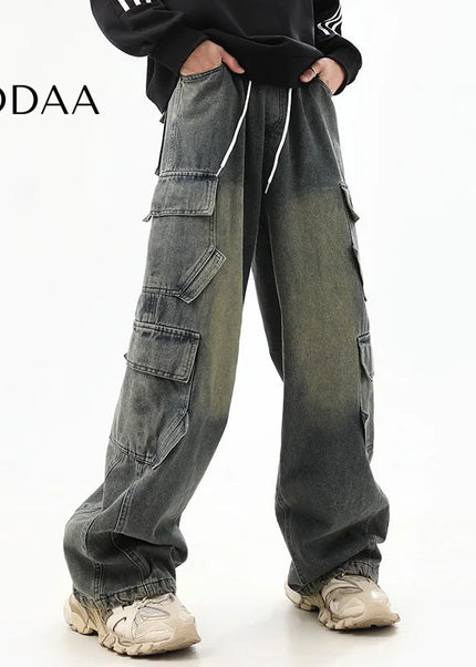 Washed Blue Distressed Wide-Leg Cargo Pants - S / Dark Blue - Men’s Jeans