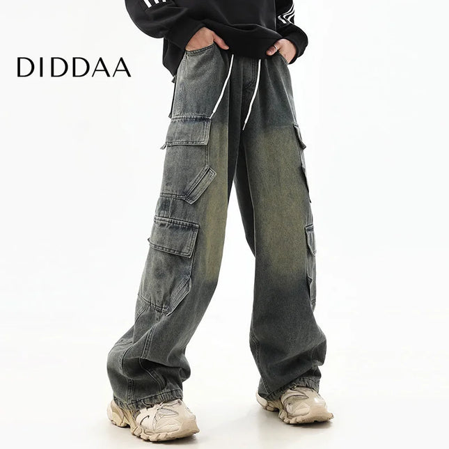 Washed Blue Distressed Wide-Leg Cargo Pants - S / Dark Blue - Men’s Jeans