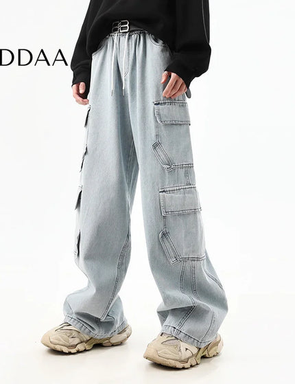 Washed Blue Distressed Wide-Leg Cargo Pants - S / Light Blue - Men’s Jeans