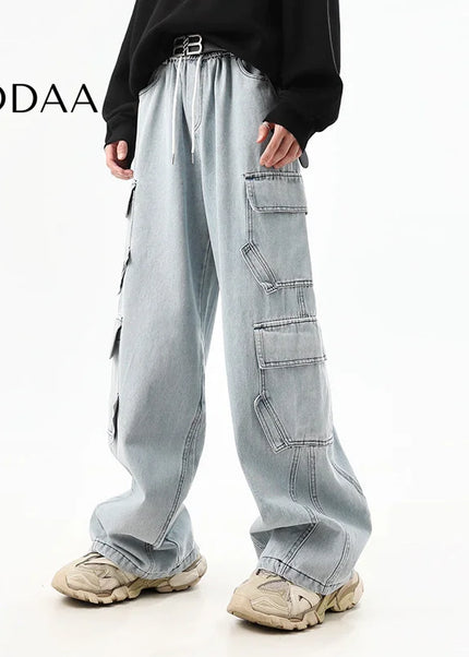 Washed Blue Distressed Wide-Leg Cargo Pants - S / Light Blue - Men’s Jeans