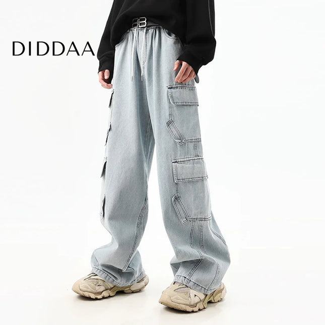 Washed Blue Distressed Wide-Leg Cargo Pants - S / Light Blue - Men’s Jeans