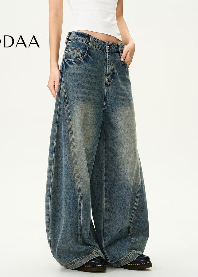 Washed Blue Distressed Wide Leg Jeans for Men and Women - Mid Blue / S - Men’s Jeans