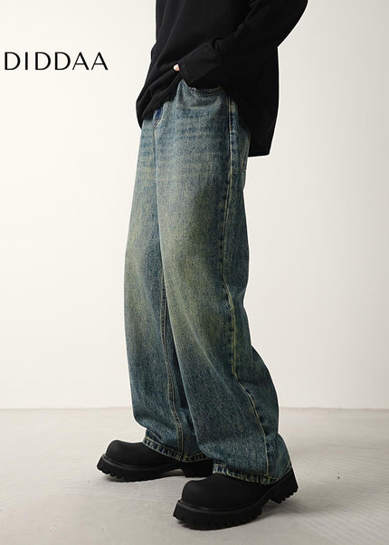 Washed Blue Distressed Wide-Leg Jeans for Men - Men’s Jeans