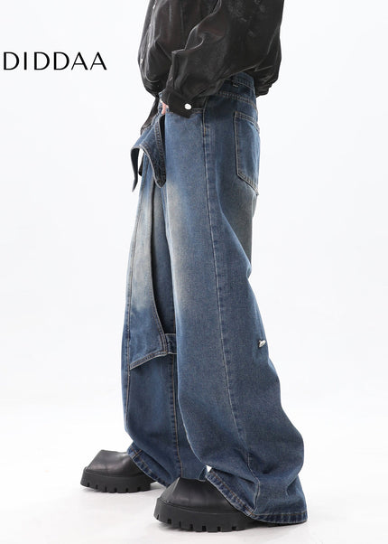 Washed Blue Distressed Wide Leg Jeans for Men - Men’s Jeans