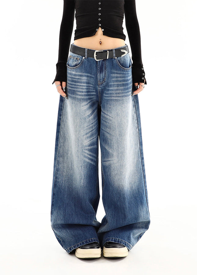 Washed Blue Distressed Wide Leg Jeans for Women - Women’s Jeans