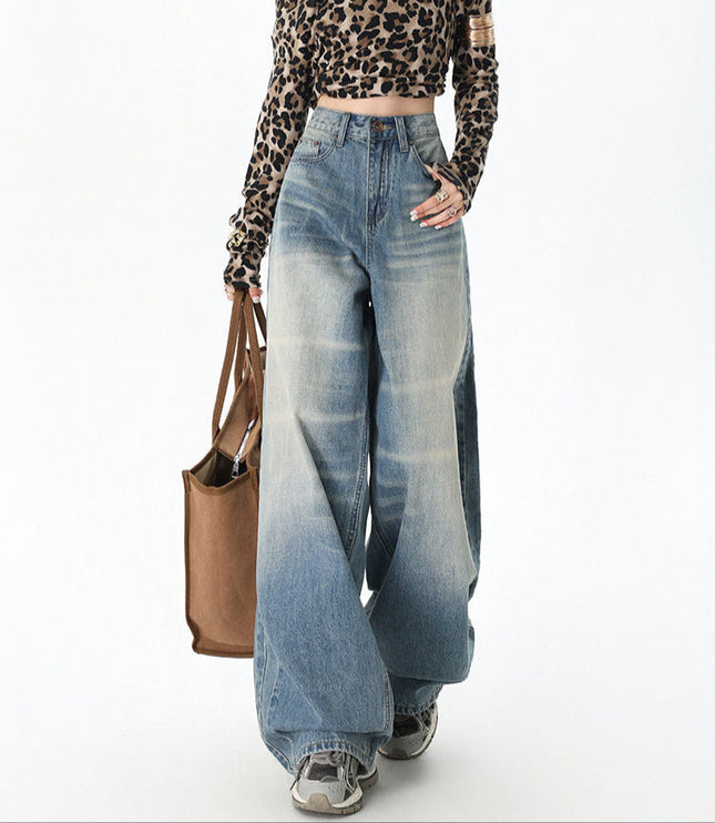 Washed Blue Drape Wide-Leg Jeans for Women - Women’s Jeans