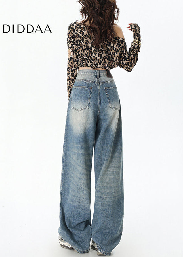 Washed Blue Drape Wide-Leg Jeans for Women - Women’s Jeans