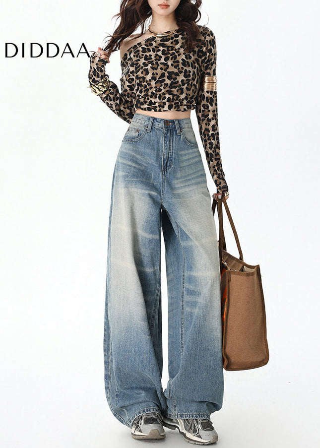 Washed Blue Drape Wide-Leg Jeans for Women - Women’s Jeans