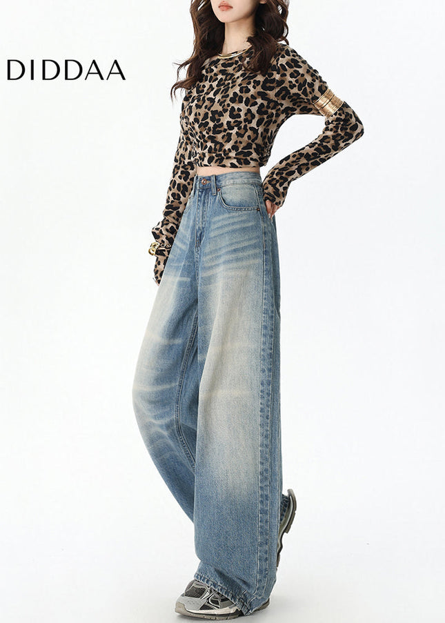 Washed Blue Drape Wide-Leg Jeans for Women - Women’s Jeans