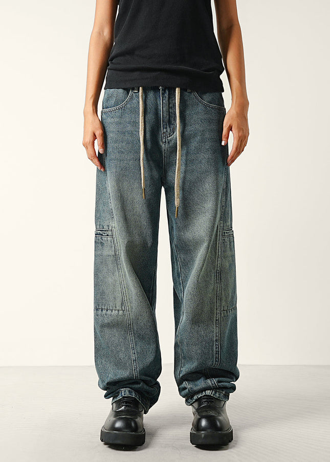 Washed Blue Drawstring Waist Wide-Leg Cargo Jeans - 28 / Dark Blue - Men’s Jeans
