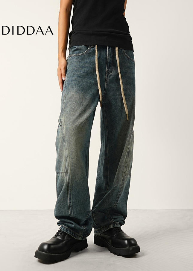 Washed Blue Drawstring Waist Wide-Leg Cargo Jeans - Men’s Jeans