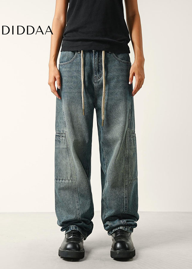 Washed Blue Drawstring Waist Wide-Leg Cargo Jeans - Men’s Jeans