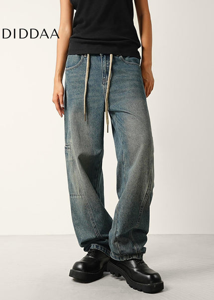 Washed Blue Drawstring Waist Wide-Leg Cargo Jeans - Men’s Jeans