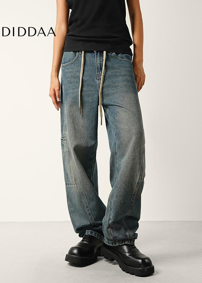 Washed Blue Drawstring Waist Wide-Leg Cargo Jeans - Men’s Jeans