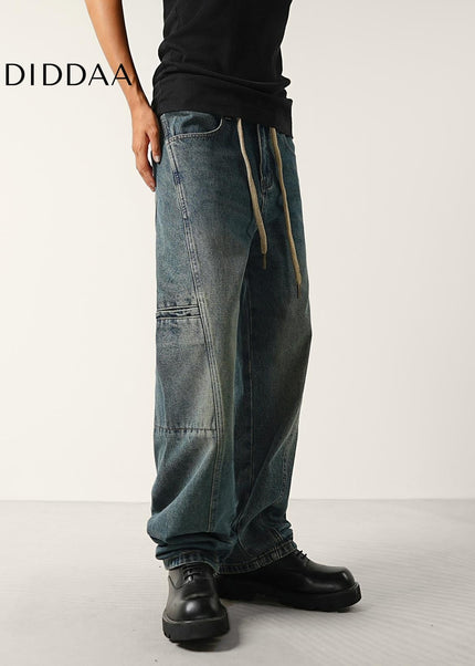 Washed Blue Drawstring Waist Wide-Leg Cargo Jeans - Men’s Jeans