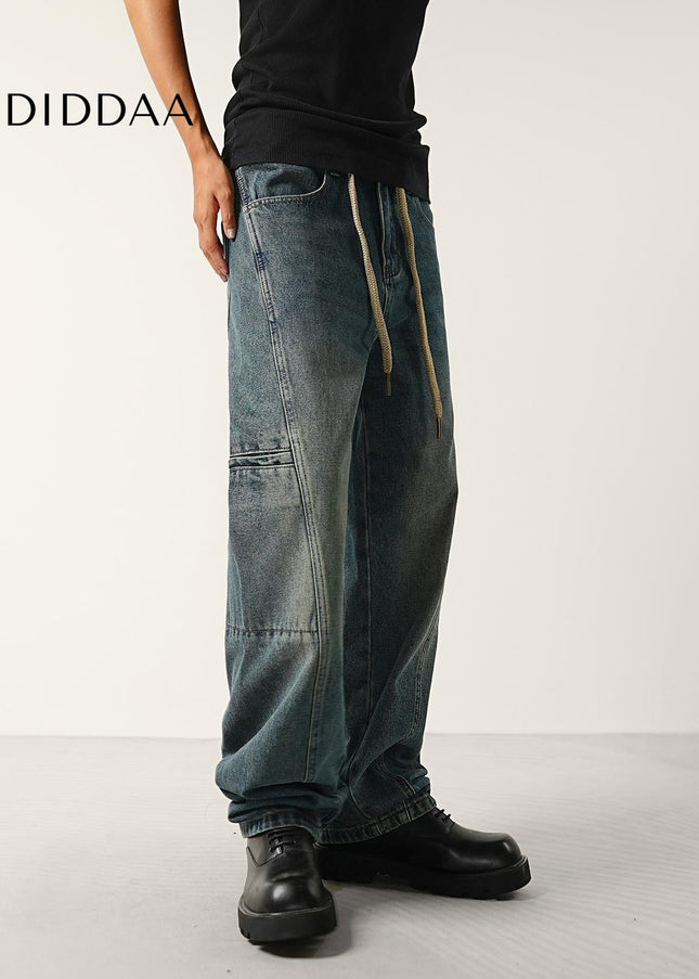 Washed Blue Drawstring Waist Wide-Leg Cargo Jeans - Men’s Jeans